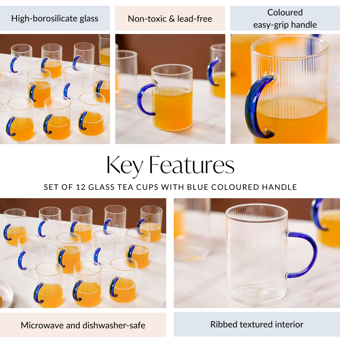 Set Of 12 Glass Tea Cups With Blue Handle 200ml