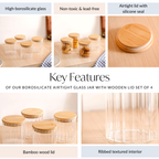Borosilicate Airtight Glass Jar With Wooden Lid Set Of 4 Ribbed Design 610ml