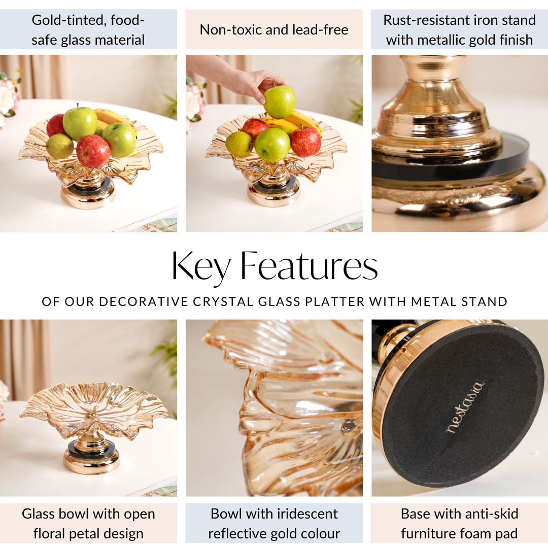 Decorative Crystal Glass Platter With Metal Stand