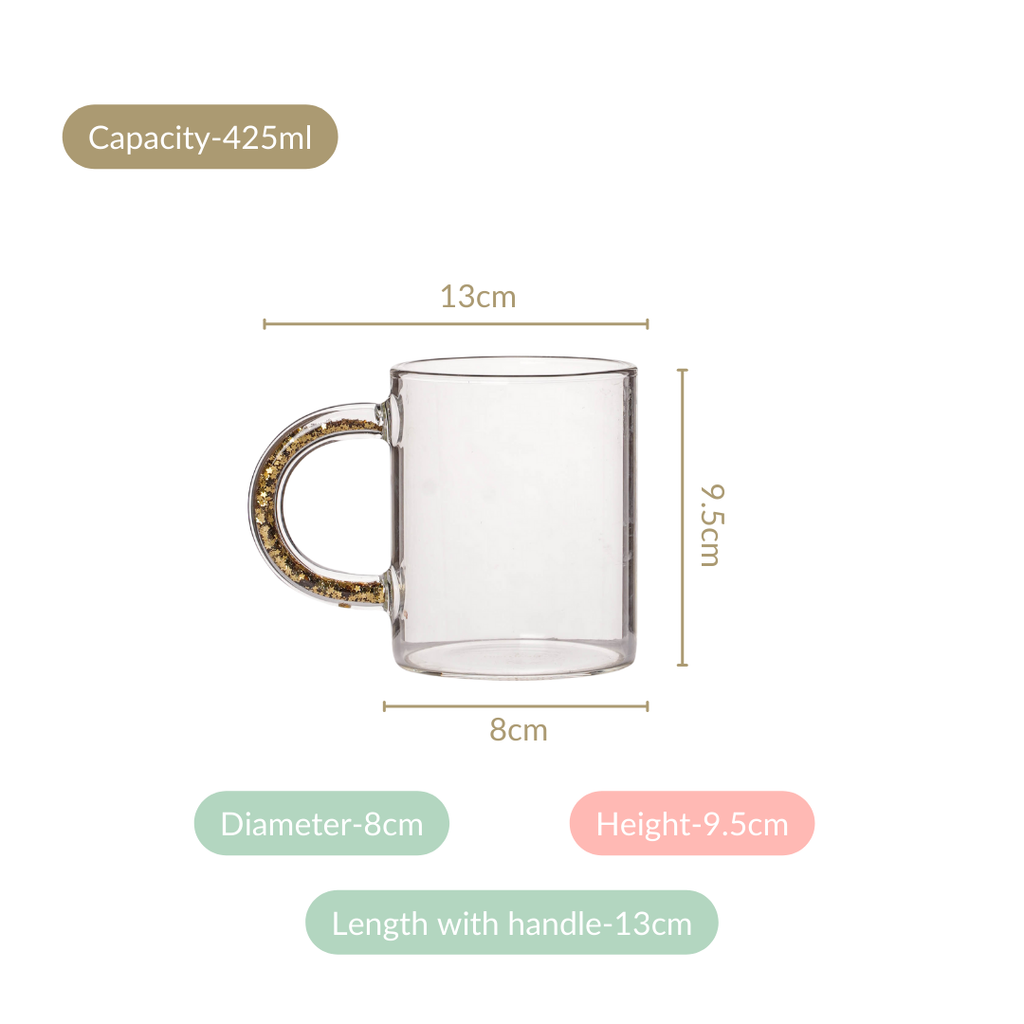 Gold Sparkle Handle Glass Coffee Mug Set Of 2 425ml