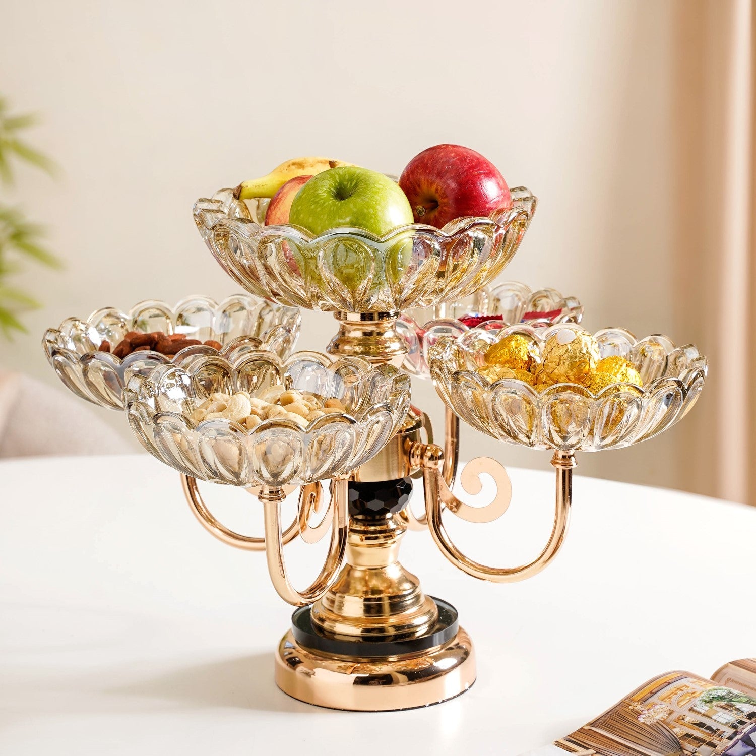Decorative Glass Bowls Set of 5 With Rotating Metal Stand