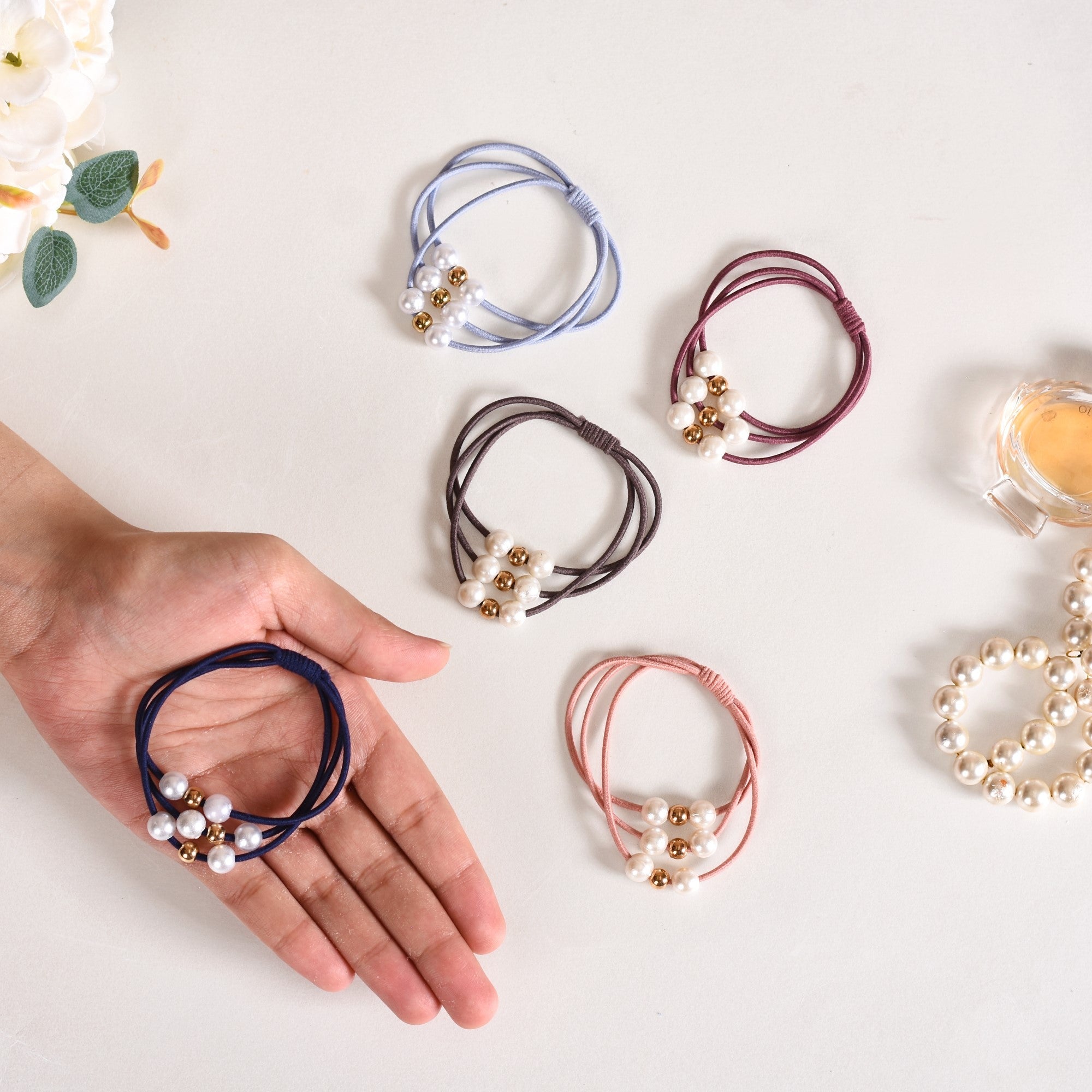 Knotted Faux Pearl Scrunchie Set Of 5