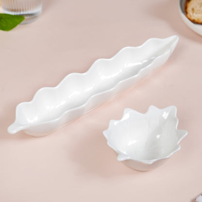 Leaf Ceramic Bowls And Long Plate Set of 4 With Tray
