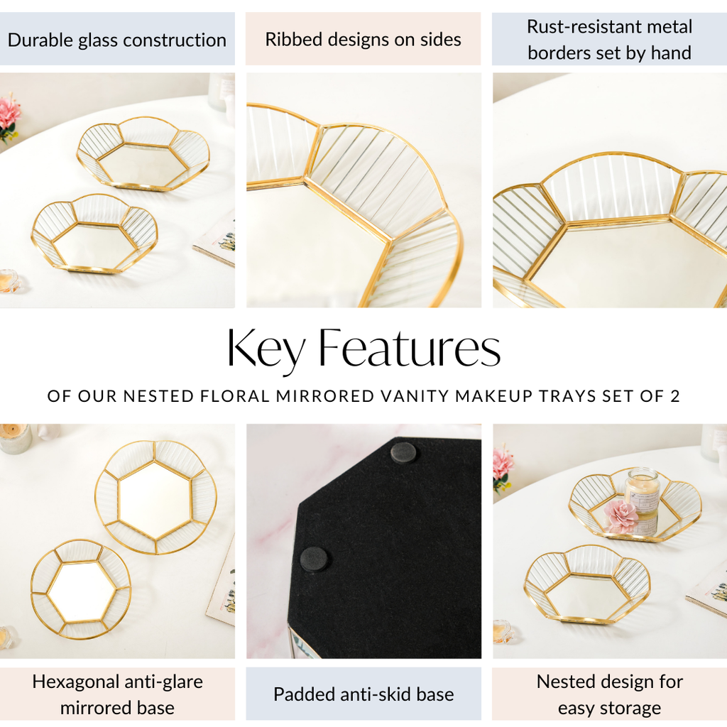 Nested Floral Mirror Vanity Makeup Trays Set Of 2