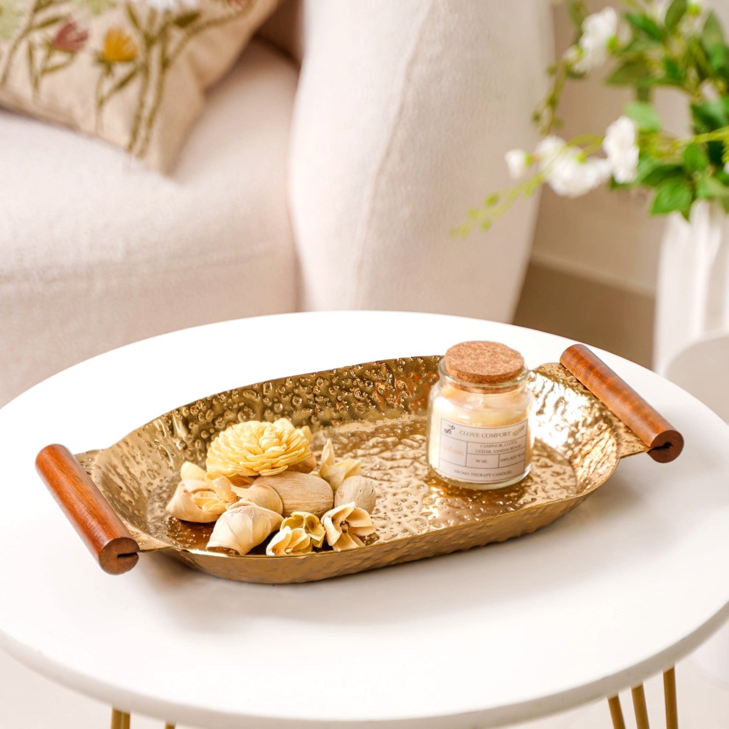 Oval Metal Tray With Wooden Handle Gold 13x8 Inch