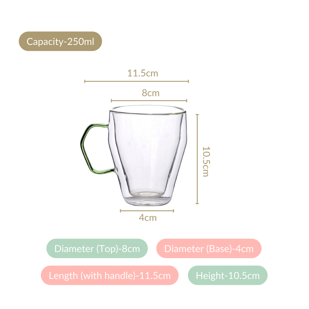 Set Of 2 Double Wall Glass Mugs With Green Handle 250ml