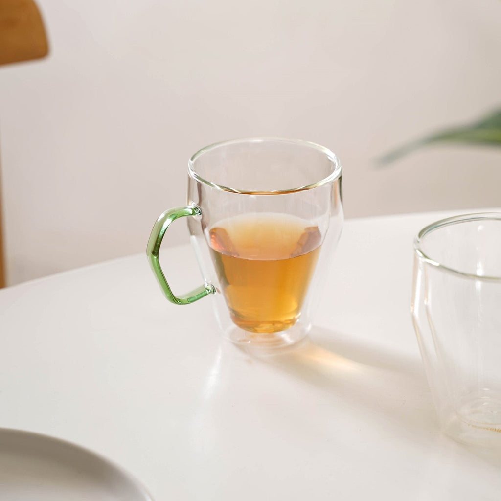 Set Of 2 Double Wall Glass Mugs With Green Handle 250ml