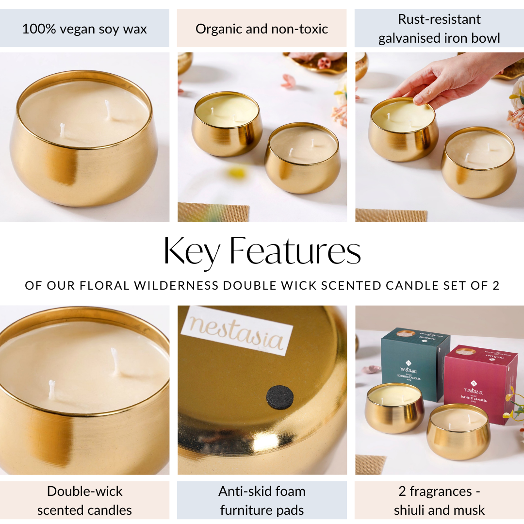 Floral Gold Double Wick Scented Candle Set Of 2