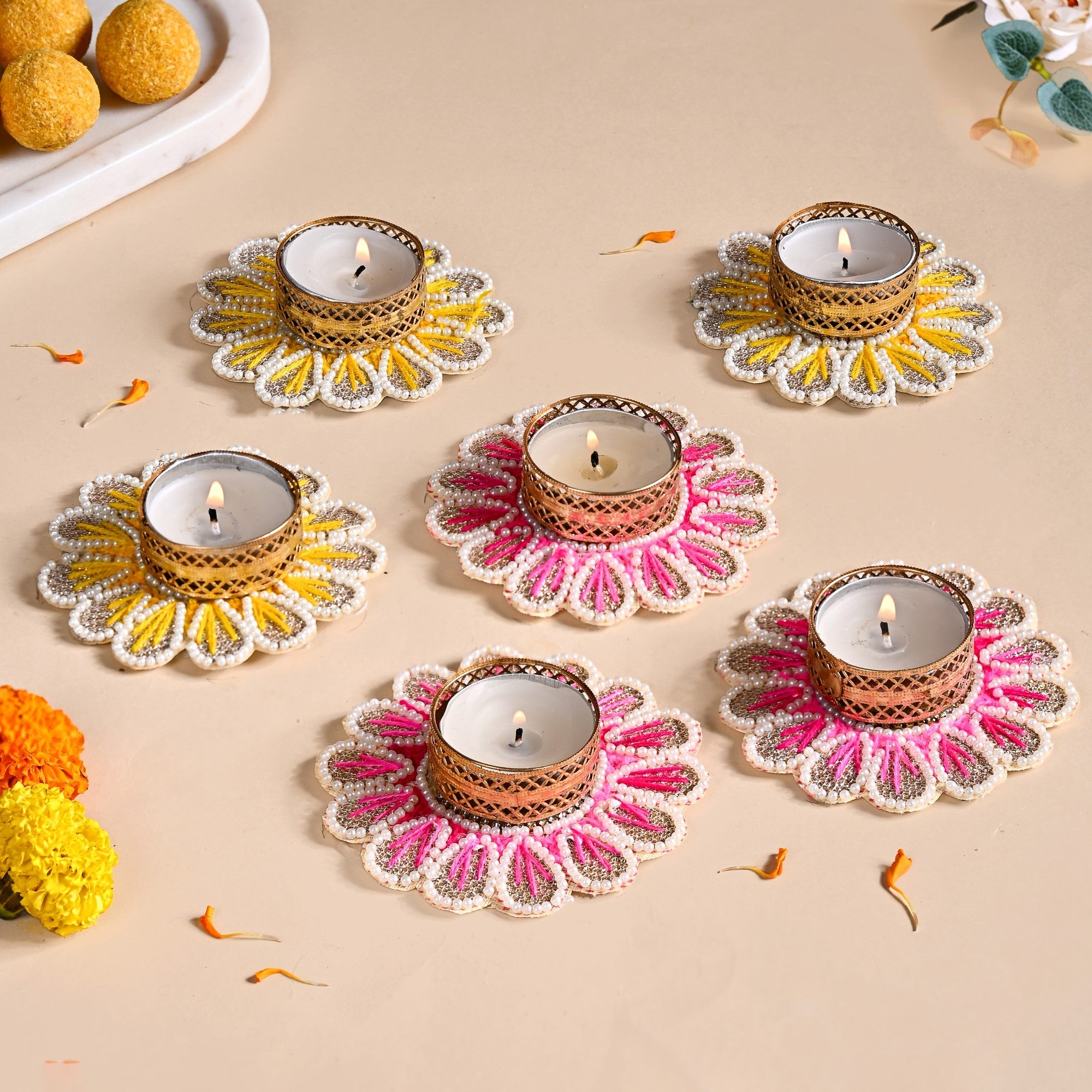 Blossom Tea Light Holder With Pearl Embellishment Set Of 6