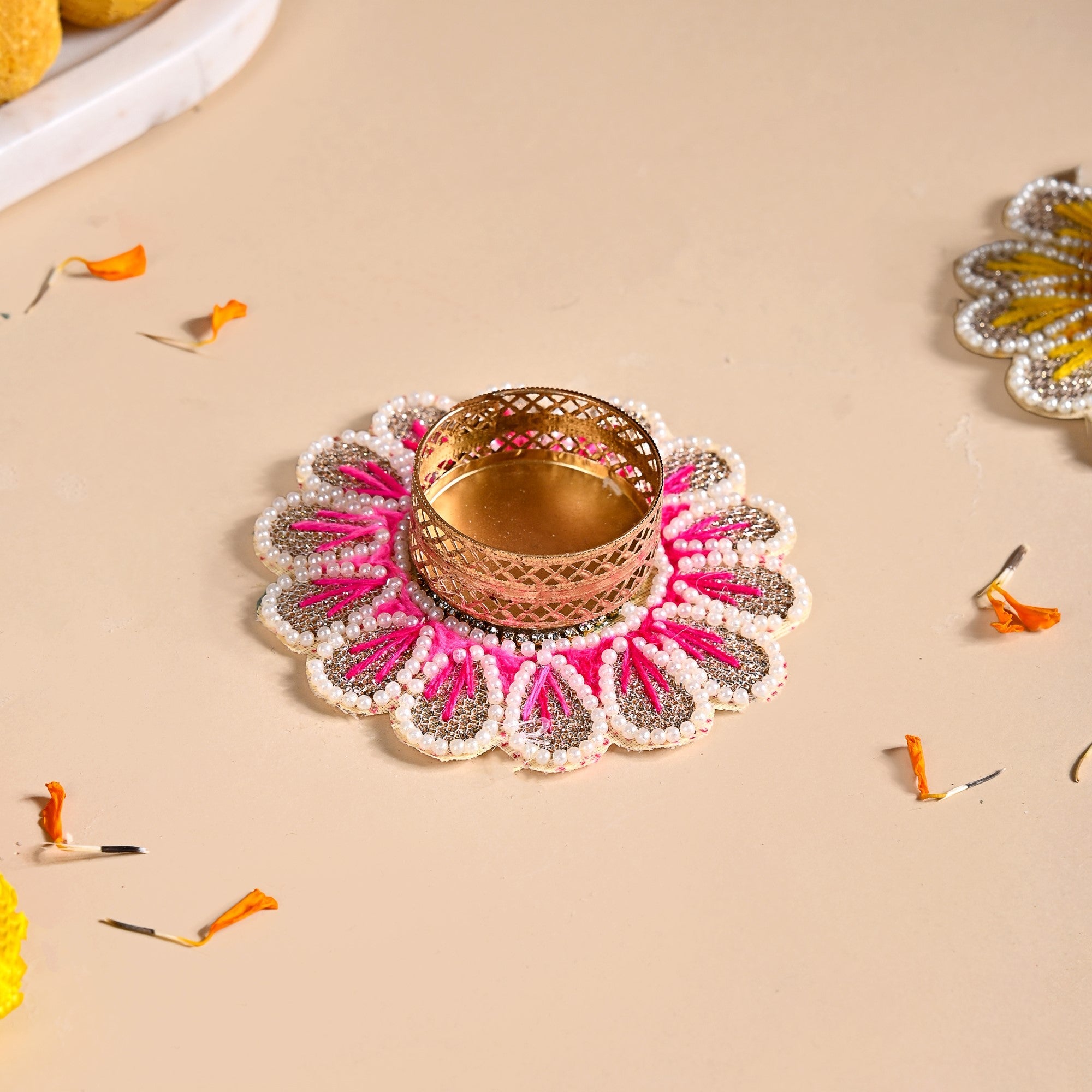 Blossom Tea Light Holder With Pearl Embellishment Set Of 6