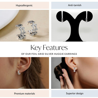 Foil Grid Silver Huggie Earrings