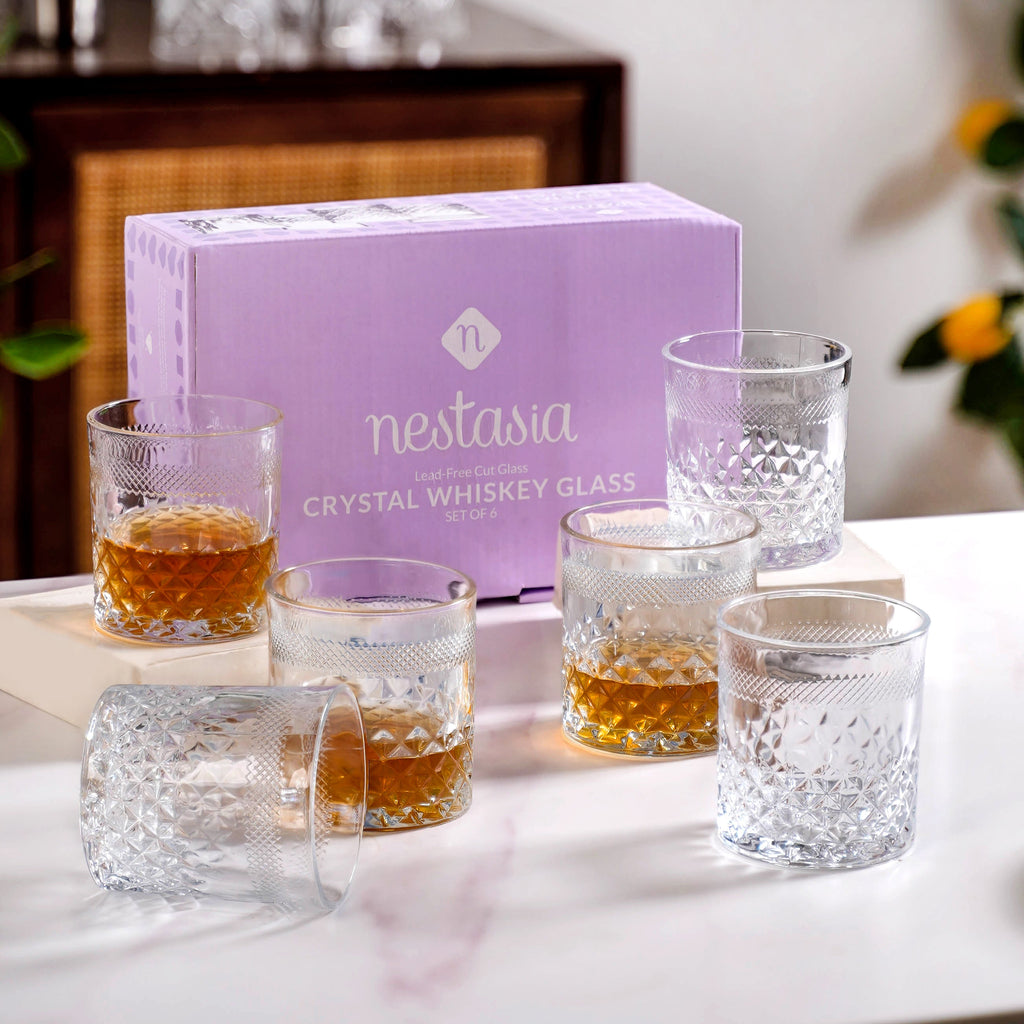Premium Diamond Embossed Whiskey Tumbler Glass Set Of 6 230ml