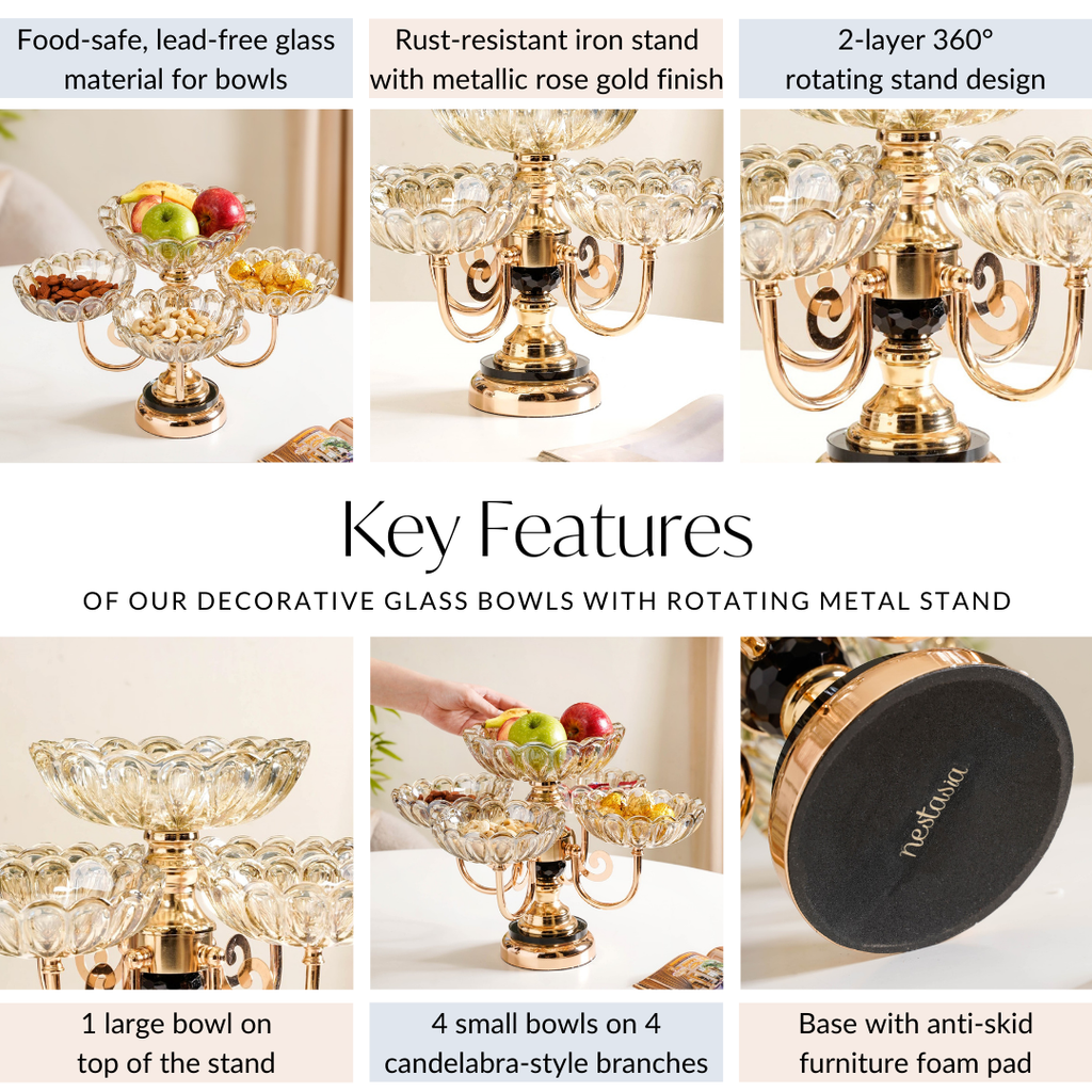 Decorative Glass Bowls Set of 5 With Rotating Metal Stand