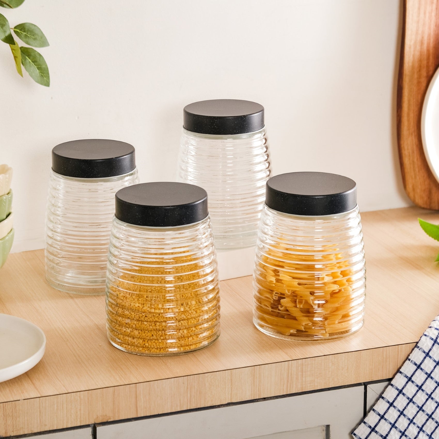Glass Kitchen Jars With Lid Set Of 4 Rings Design 1400ml