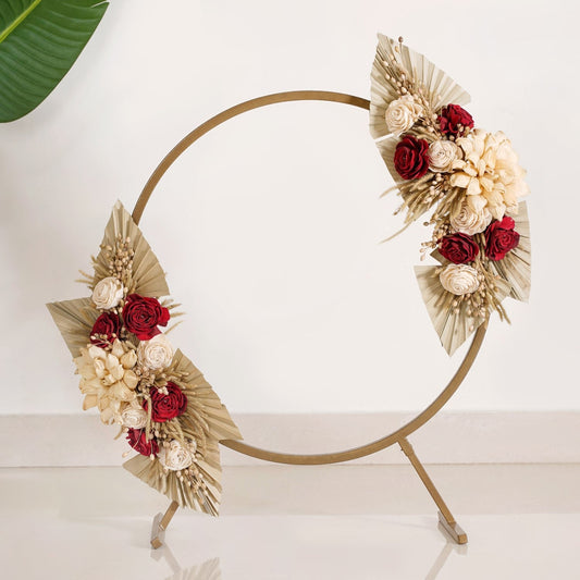 Golden Round Metal Backdrop Stand With Rose Decorations 28 Inch