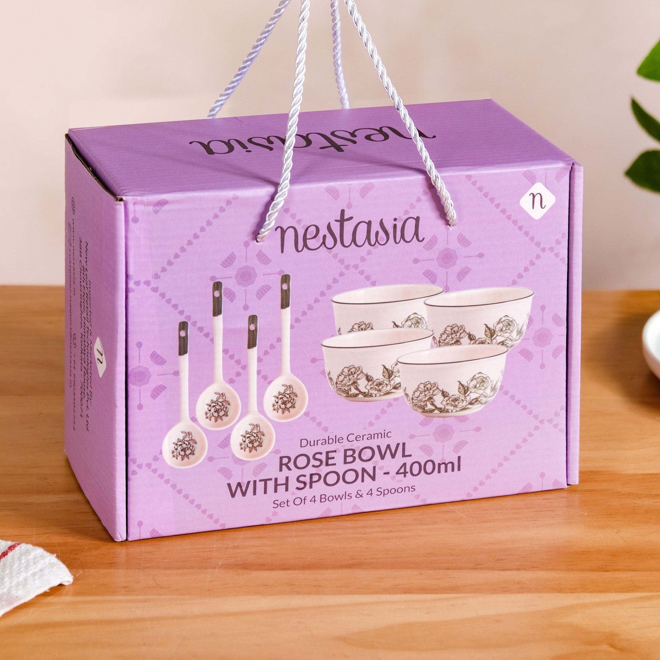 Ceramic Rose Bowl With Spoon Set Of 4 Green White 400ml