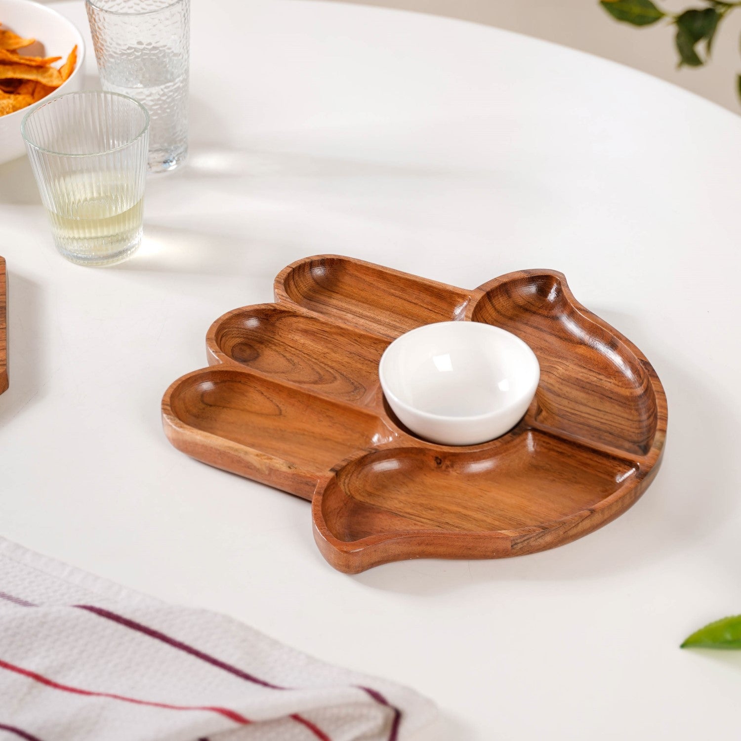 Hamsa Hand Wooden Platter With Dip Bowl