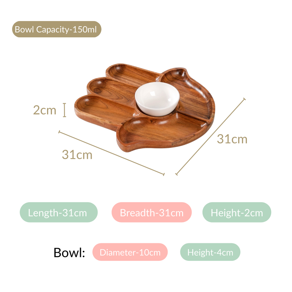 Hamsa Hand Wooden Platter With Dip Bowl
