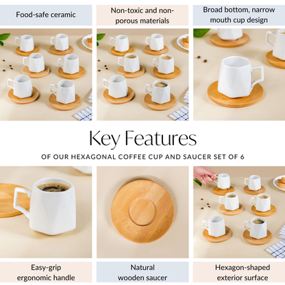 Hexagon Small Ceramic Cup And Saucer Set Of 6 100ml