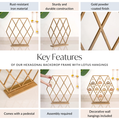 Hexagonal Puja Backdrop Metal Frame With Lotus Hangings 24 Inch