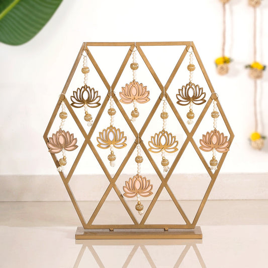 Hexagonal Puja Backdrop Metal Frame With Lotus Hangings 24 Inch