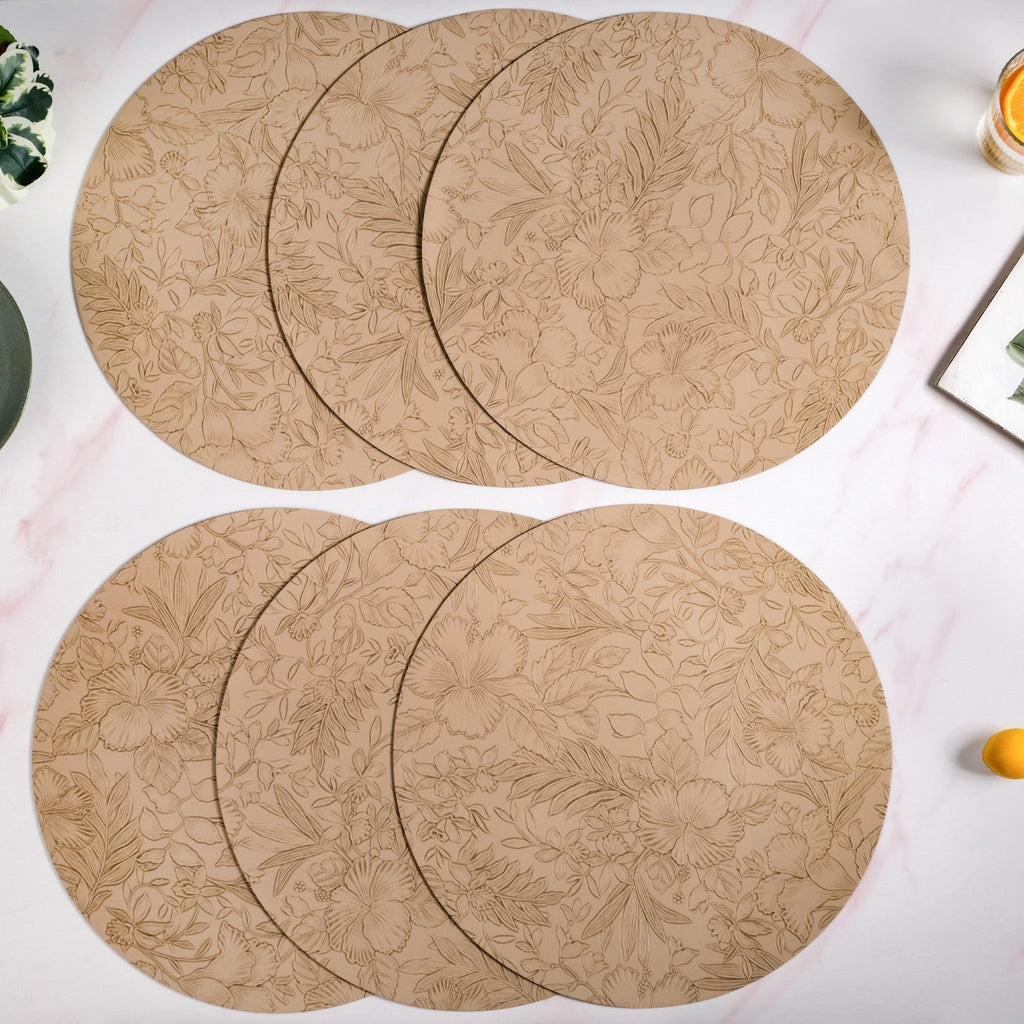 Beige Embossed Hibiscus Round Placemats Set Of 6