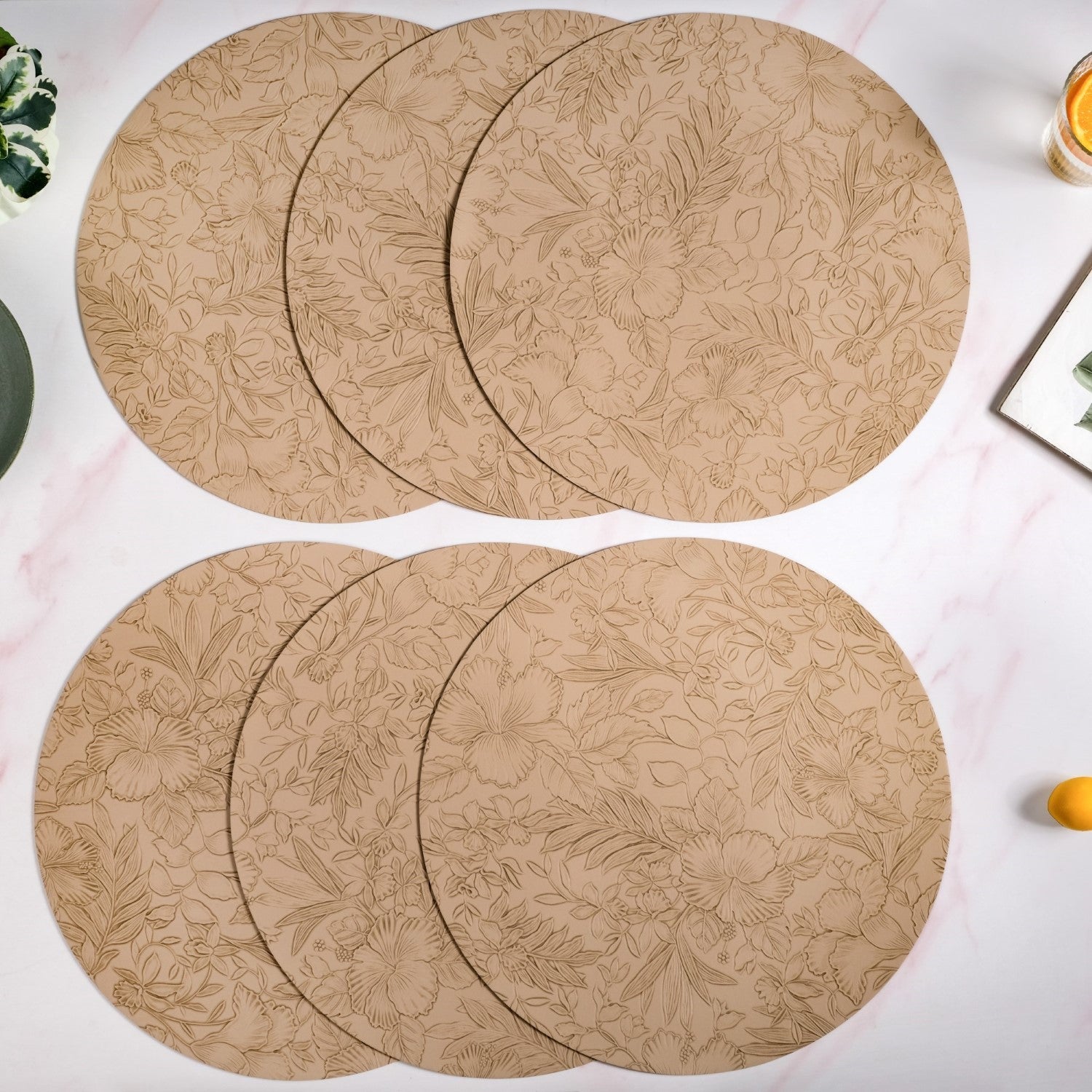 Beige Embossed Hibiscus Round Placemats Set Of 6