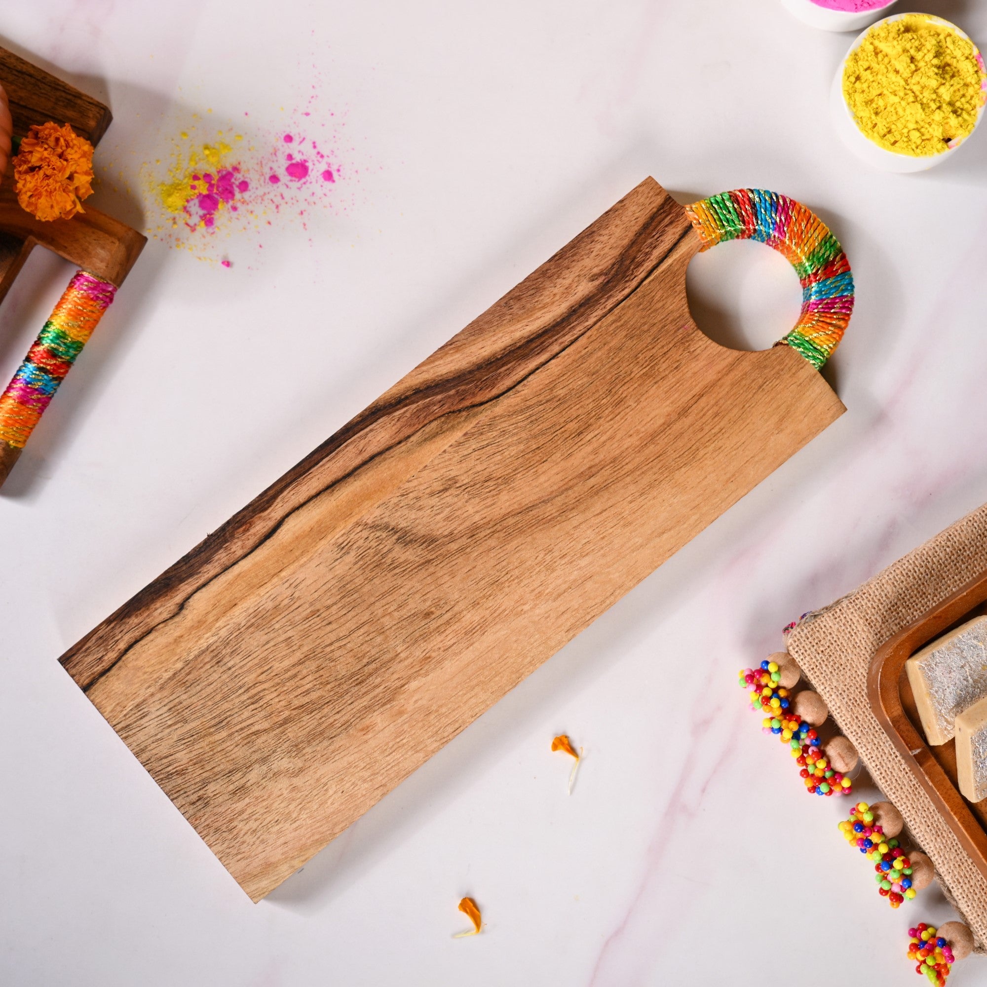 Acacia Wood Serving Platter With Gold Zari Embroidery