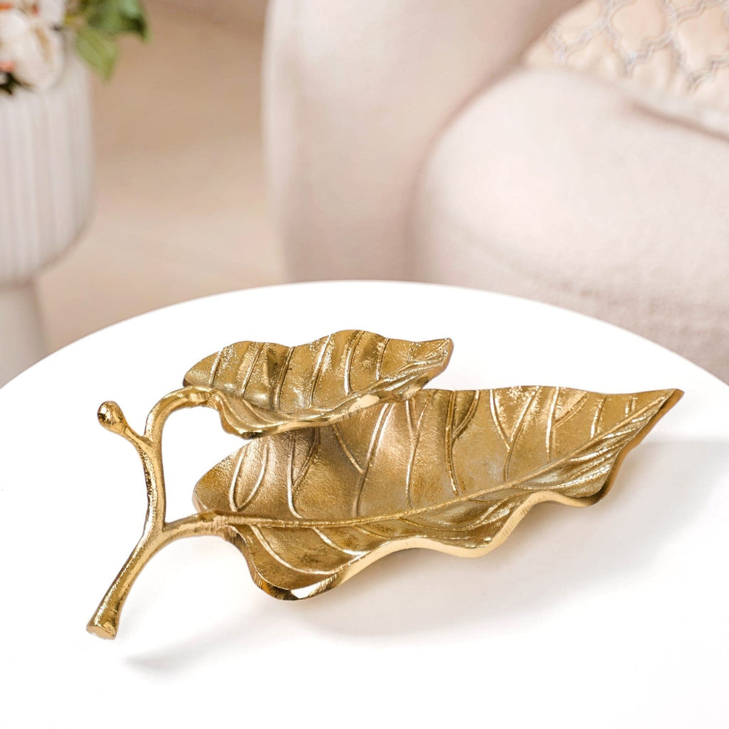 Double Layer Mango Leaf Metal Tray Gold
