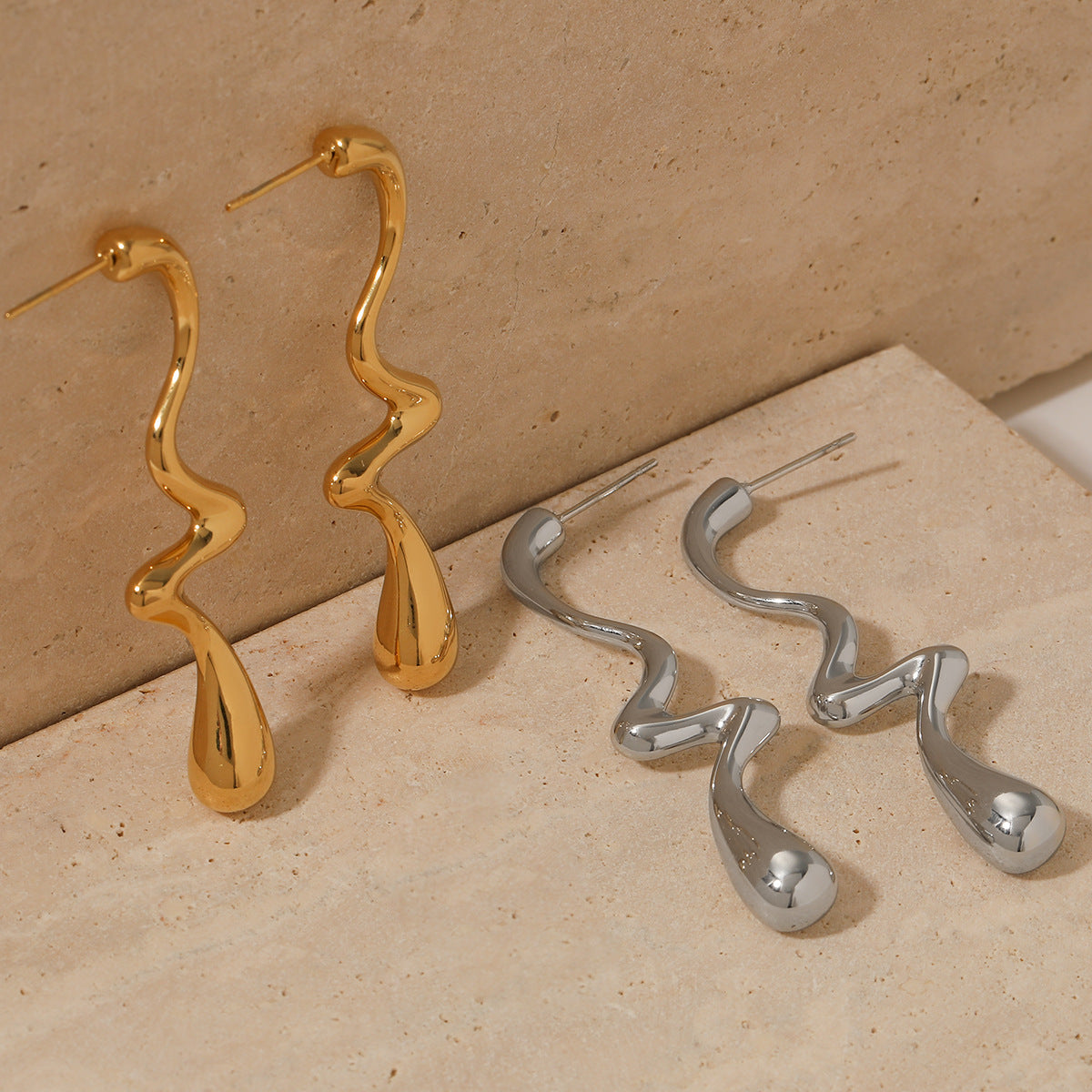 Silver Curved Wave Drop Earrings