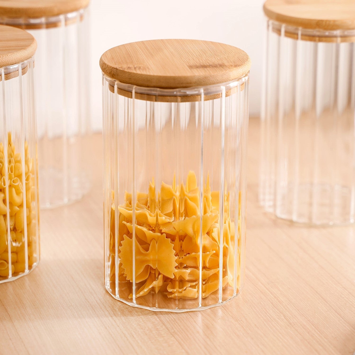 Ribbed Airtight Kitchen Storage Glass Jar Set Of 4 1000ml