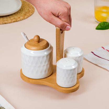 Ceramic Seasoning Jars Set Of 3 With Spoon And Wooden Stand