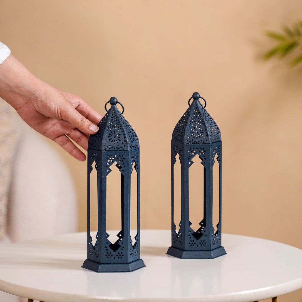 Navy Blue Moroccan Candle Holder Lantern Set Of 2