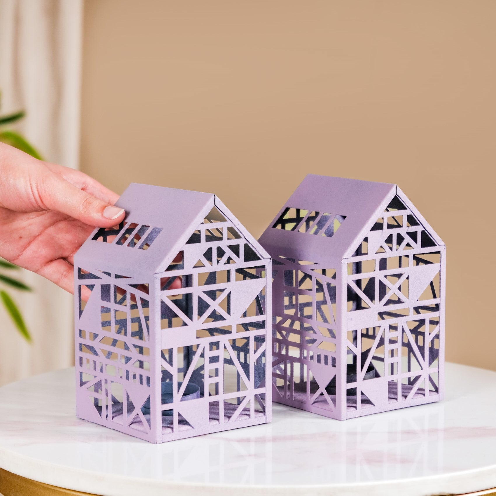 Geometric Cutwork Lantern Lavender Set Of 2