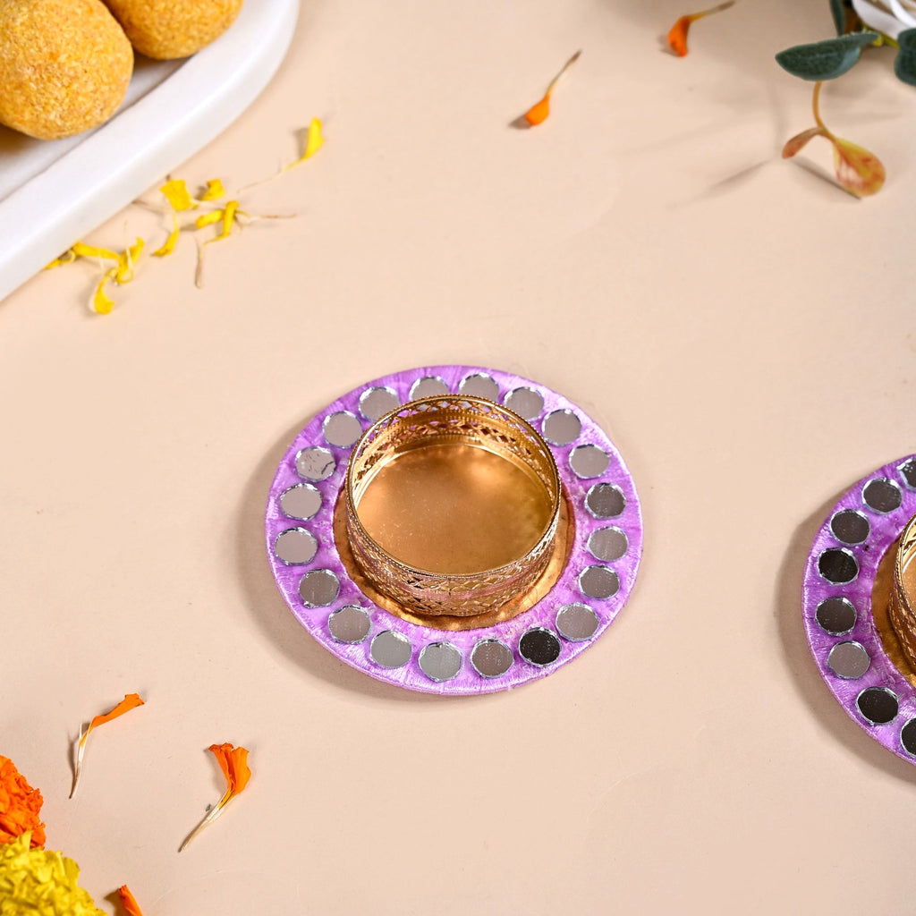 Lavender Tealight Holders With Mirror Decoration Set Of 6