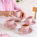 Leaf Embossed Cup And Saucer Set Of 4 With Stand 200ml
