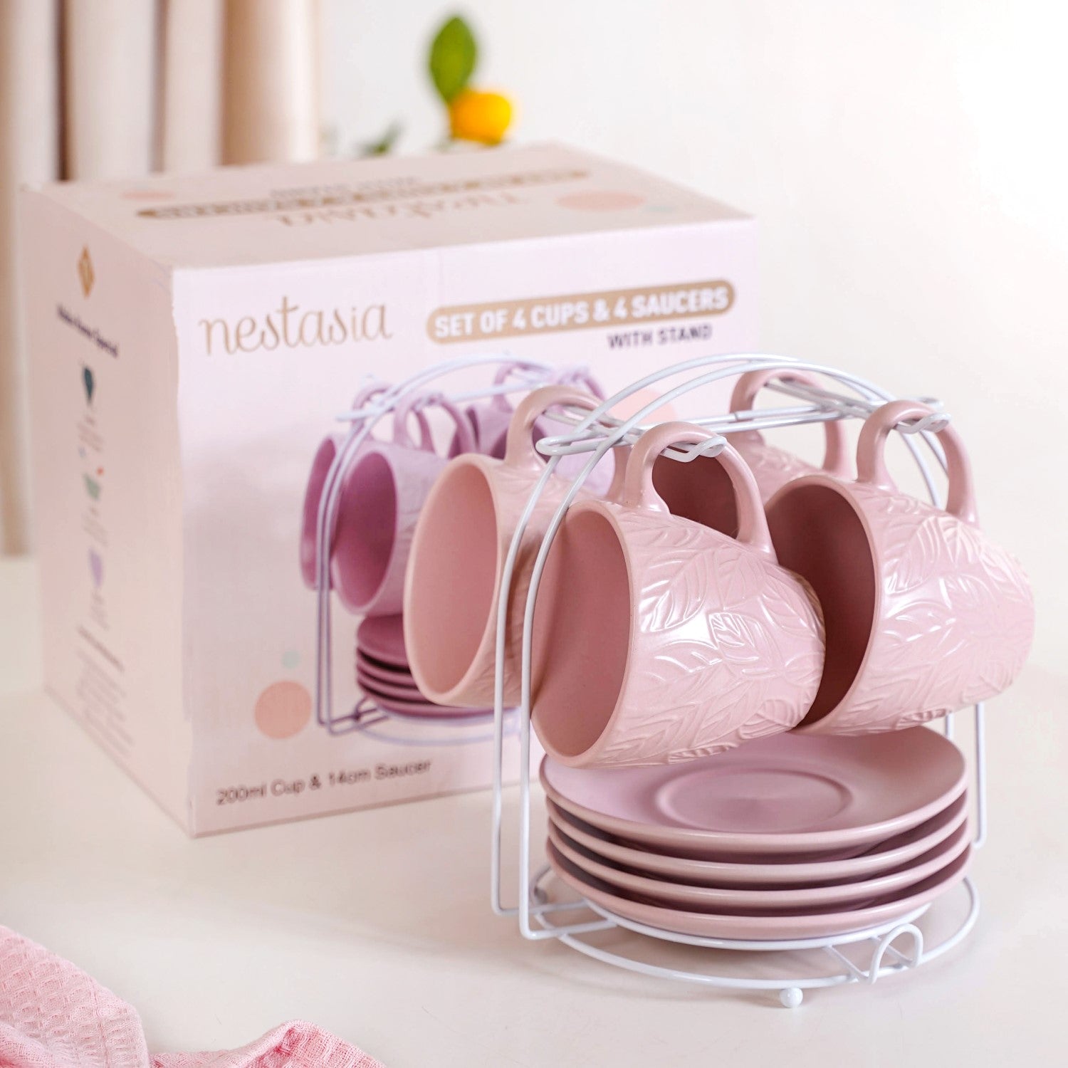 Leaf Embossed Cup And Saucer Set Of 4 With Stand 200ml