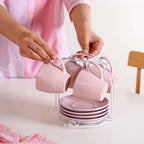 Leaf Embossed Cup And Saucer Set Of 4 With Stand 200ml