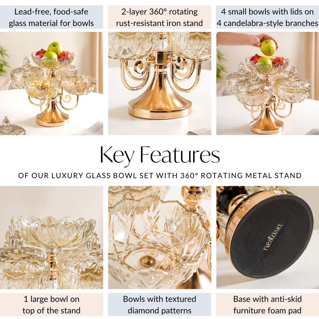 Luxury Glass Bowls Set of 5 With Lid And Rotating Stand