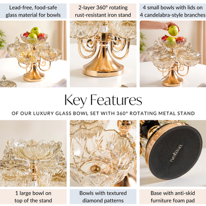 Luxury Glass Bowls Set of 5 With Lid And Rotating Stand