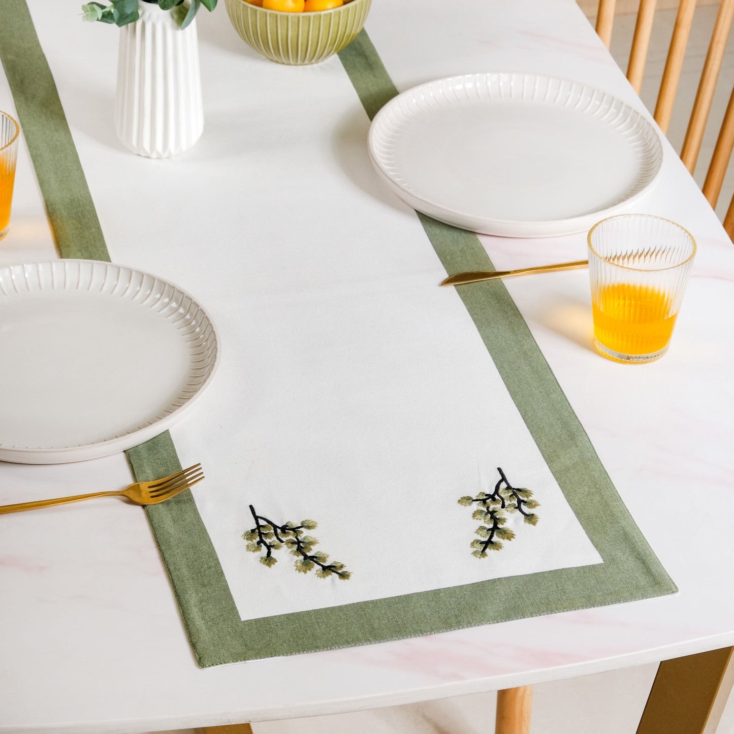 Midori Pure Cotton Table Runner In Sage Green 180x36cm