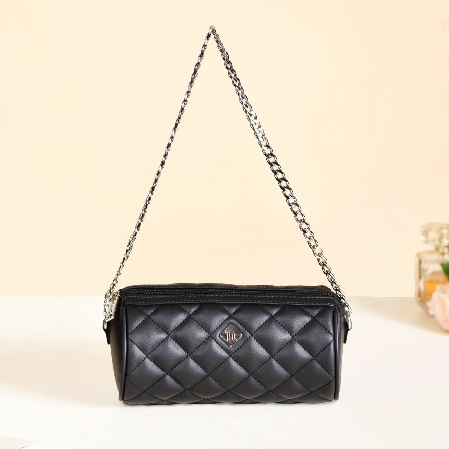Black Quilted Mini Barrel Bag