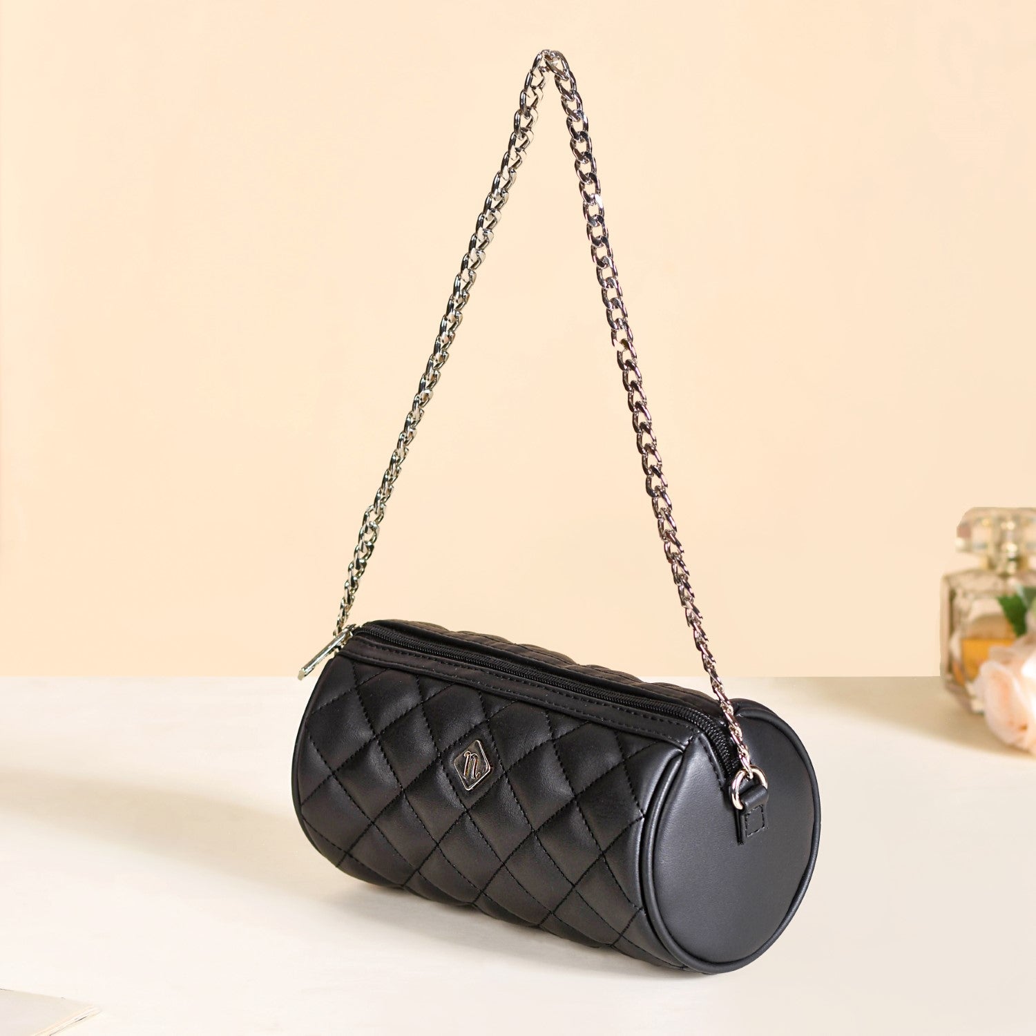 Black Quilted Mini Barrel Bag