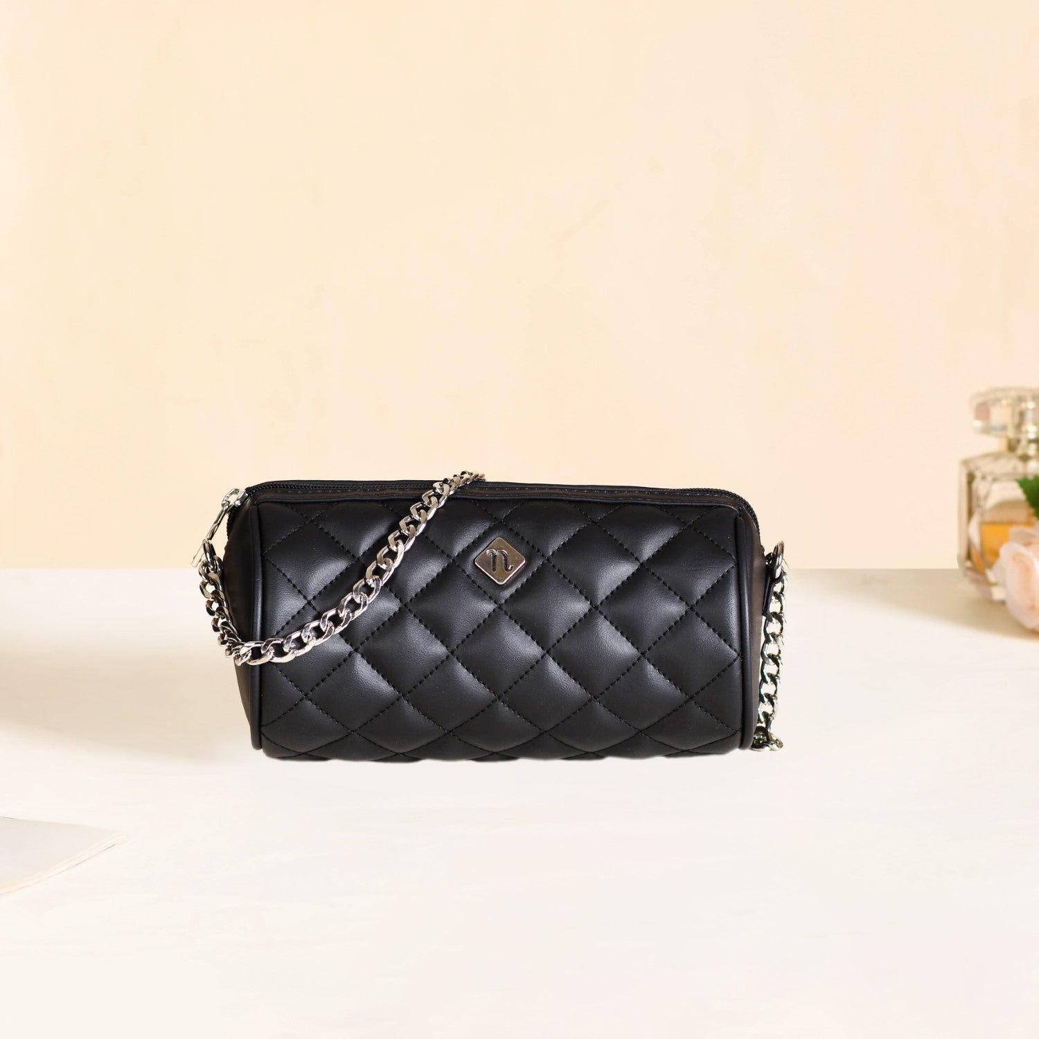Black Quilted Mini Barrel Bag