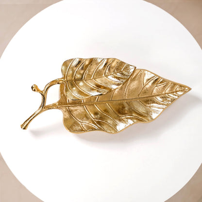 Double Layer Mango Leaf Metal Tray Gold
