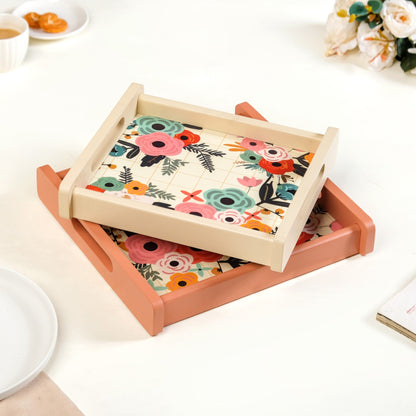 Flower Bouquet Nested Wooden Tray Set Of 2