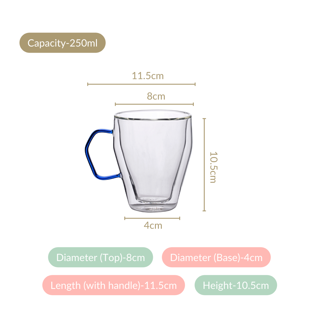 Set Of 2 Borosilicate Glass Cups With Blue Handle 250ml