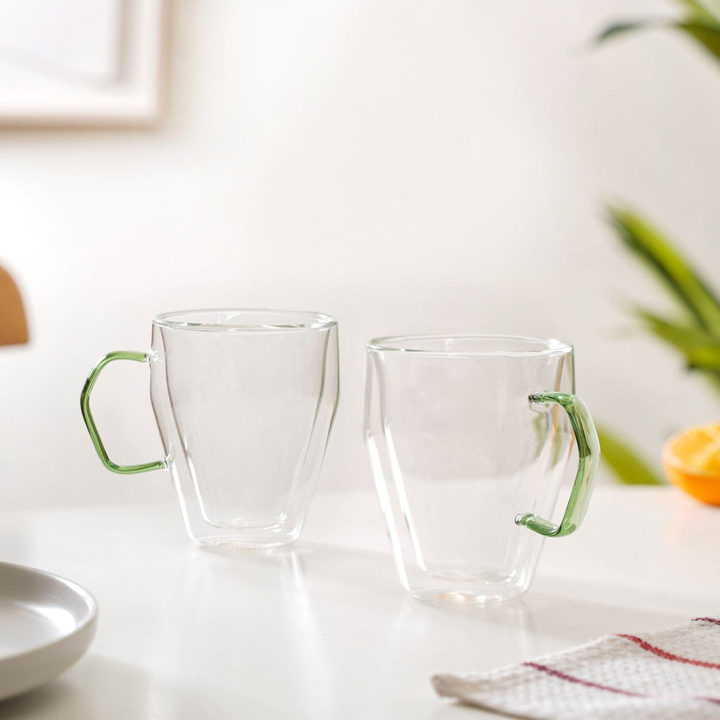 Set Of 2 Double Wall Glass Mugs With Green Handle 250ml