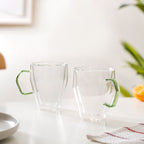 Set Of 2 Double Wall Glass Mugs With Green Handle 250ml