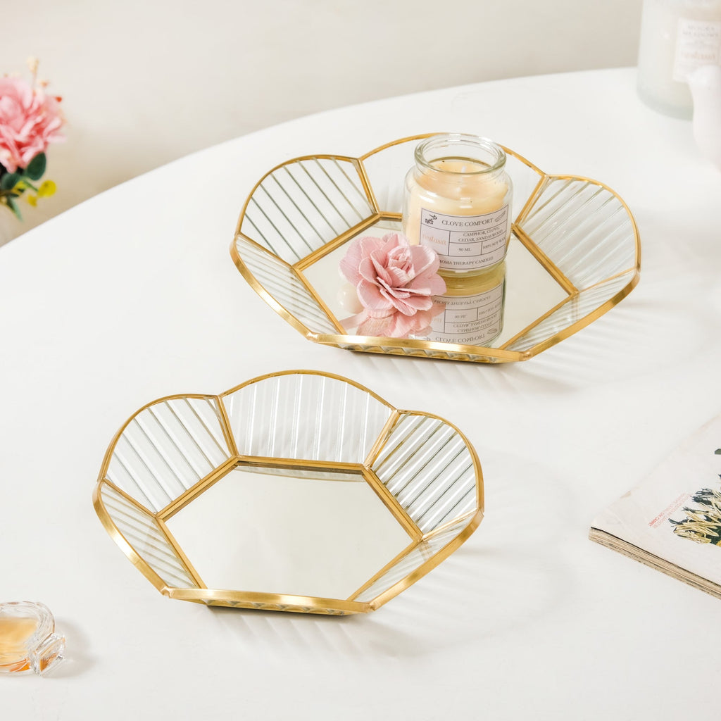 Nested Floral Mirror Vanity Makeup Trays Set Of 2